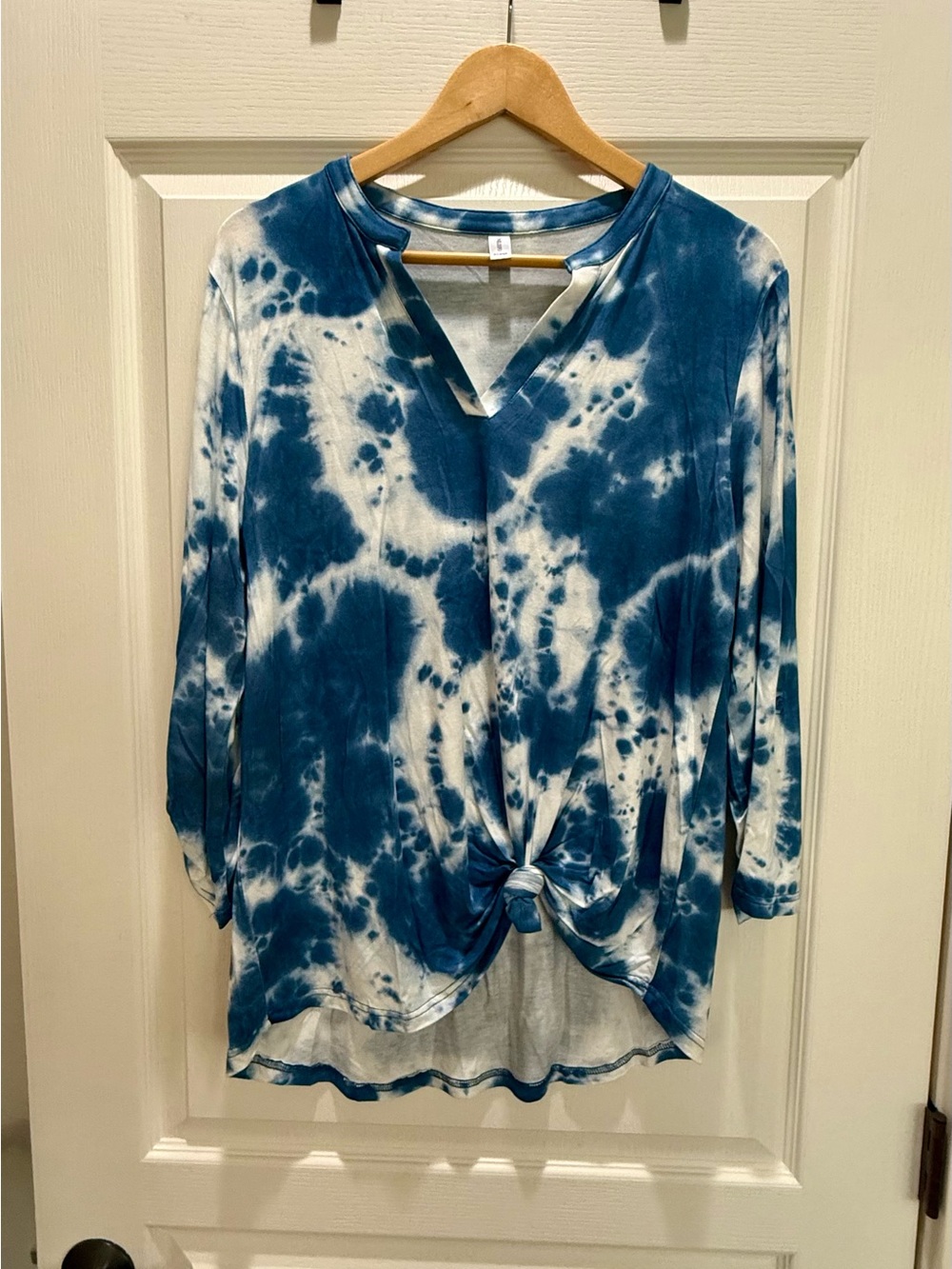 Women's Niloufo Blue & White Tie-Dye V-Neck 3/4 Sleeve Top XL Great Condition